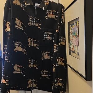 Burberry Black Zip Up Jacket with Beige Check Equestrian Print